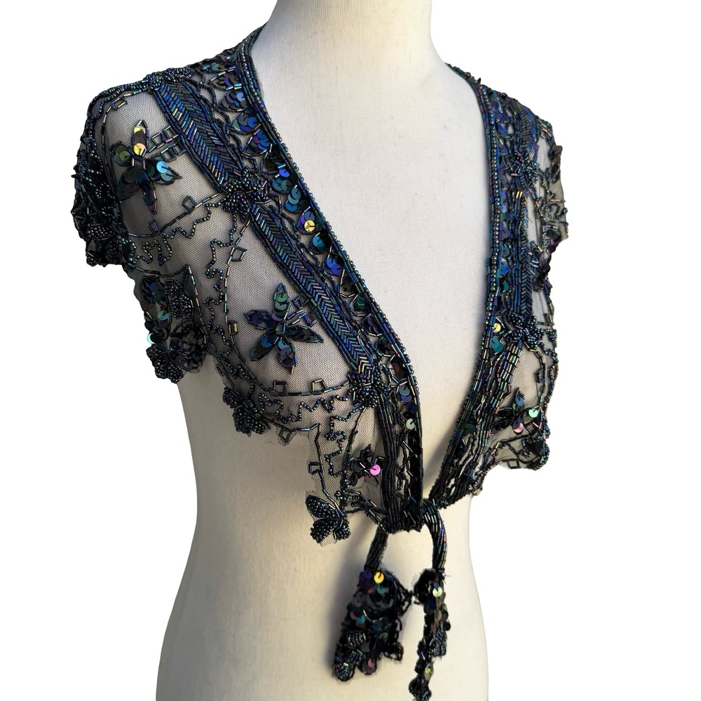 Vintage Glam Iridescent Beaded Mesh Bolero Shrug Tie Front Floral Capelet OS